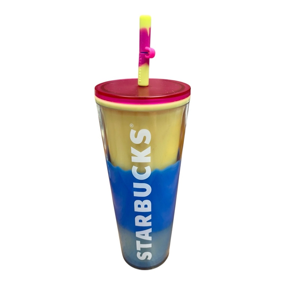 Starbucks 2023 Yellow-to-Blue Ombre Tumbler with Pink Lid and Multicolor Straw